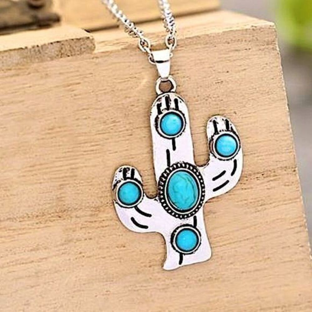 Southwestern Turquoise Inlay Silver Cactus Pendant Necklace